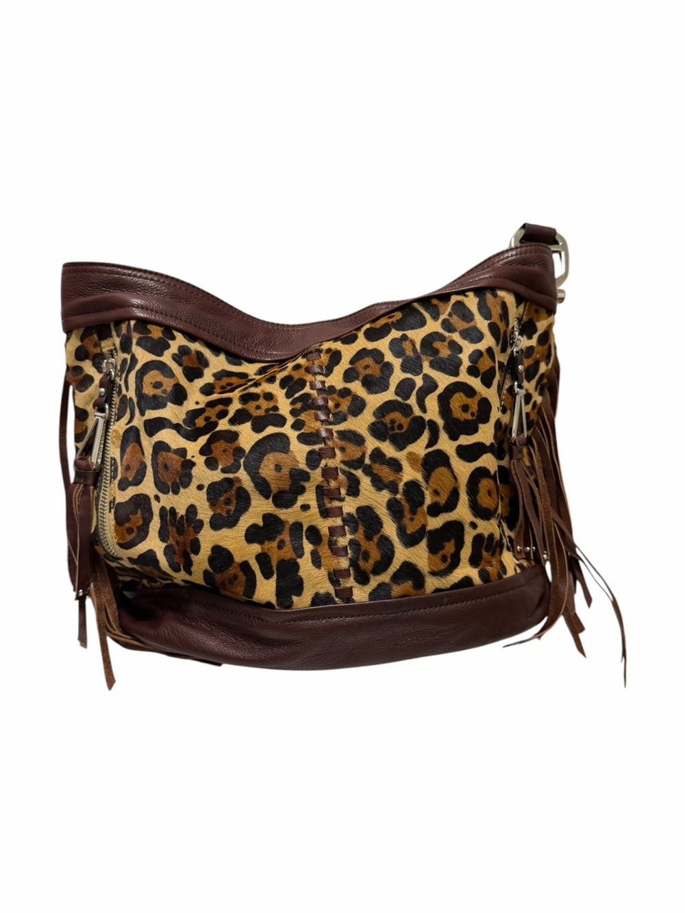 B Makowsky Brown/Black/Tan Animal Print Leather Handbag
